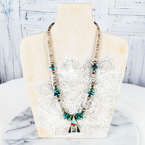 Southwestern Turquoise Heishi Bead Necklace with Kokopelli Inlay Pendant Vintage